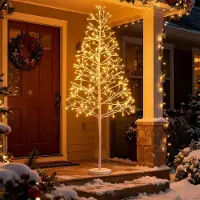 Costway LED Lichterbaum 150cm, Birkenbaum mit 280 warmweißen LEDs & Zemenständer, künstlicher Weihnachtsbaum, Tannenbaum, Christbaum, Weiße Basis