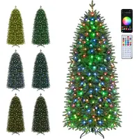 Costway 190 cm Künstlicher Weihnachtsbaum schmal mit 719 PE & PVC Spitzen, Tannenbaum mit 220 LEDs, 42 Lichteffekten & Metallständer, Christbaum grün