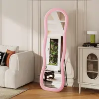 UnboxG Wellenförmiger Ganzkörperspiegel 160x50 cm, Stehspiegel mit Flanell‑Rahmen, Wandspiegel für Schlafzimmer Wohnzimmer, Rosa