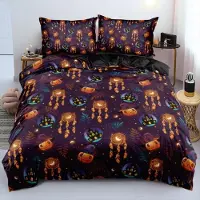 Sonstiges Bettwäsche-Set 155x220 cm 3-teilig Halloween Motiv Kürbis Schloss Mond Mikrofaser mit Reißverschluss 2 Kissenbezüge 80x80 cm