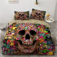 Sonstiges Bettwäsche Totenkopf 200x200 cm Schädel 3D Bunt Microfaser 3-teilig mit Reißverschluss und 2 Kissenbezügen 80x80 cm