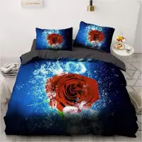 Sonstiges Bettwäsche-Set 4-teilig 135x200cm + 80x80cm x2 Rosenmuster Blau Microfaser mit Reißverschluss
