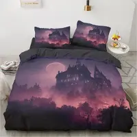 Sonstiges Bettwäsche Set 200x200 cm Lila Schloss Mond 3D Gothic Mikrofaser 3-teilig mit 2 Kissenbezügen 80x80 cm