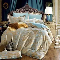 Sonstiges Satin Bettwäsche 220x240 cm Jacquard Microfaser Wendebettwäsche 3-teilig Blumenmuster Gelb Blau Grau Gold