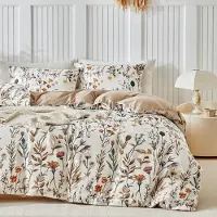 Sonstiges Bettwäsche-Set 3-teilig Mikrofaser Blumenmuster Beige 240x220 cm + 2x 50x75 cm mit Reißverschluss