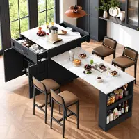 Sonstiges Ausziehbarer Bartisch mit Stauraum 133-202x70x93,5 cm Marmoroptik Schwarzweiß