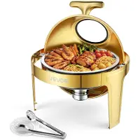 Vevor Chafing Dish 1 Stück für Buffets 5,7 L Edelstahl Warmhaltebehälter für Hochzeiten, Partys, Bankette, Runder Rolldeckel zum Einfachen Nachfüllen, inkl. Servierzange, Speisenbehälter, Wasserwanne