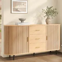 Merax Sideboard mit 3 Schubladen und Schiebetüren, Kommode aus MDF mit Rillen-Design, Wohnzimmerschrank mit Metallgriffe und Eisenrohrfüße, Natur