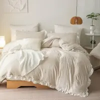 Sonstiges Bettwäsche-Set Rüschen 220x240 cm Beige Weiß 100% Mikrofaser 2-teilig