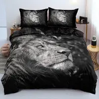 Sonstiges Bettwäsche Set 3-teilig 220x240cm + 2x 80x80cm Mikrofaser Schwarz Löwenmotiv 3D Effekt mit Reißverschluss
