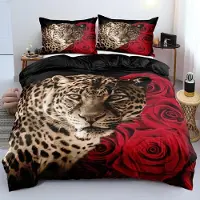 Sonstiges Bettwäsche-Set 4-teilig Kinder Jungen Leopard 2x 135x200cm + 2x 80x80cm Mikrofaser Schwarz Rot Gold