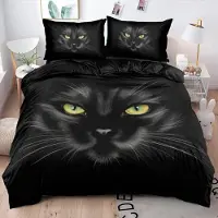 Sonstiges Bettwäsche 220x240 cm 3-teilig Schwarz Tiermotiv Katze 3D Mikrofaser mit Reißverschluss und 2 Kissenbezügen 80x80 cm
