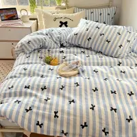 Sonstiges Bettwäsche Set 200x200 cm Weiß Blau Gestreift mit Schleifen Microfaser 3-teilig