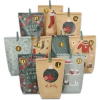 Papierdrachen Adventskalender zum Befüllen – 24 grüne und braune, bedruckte Geschenktüten und 24 – Grünes Motiv – Weihnachten