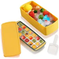 Unyqoos Eiswürfelform – 21 Fächer, Silikon‑Einsatz & lebensmitteltauglicher Kunststoff (BPA‑frei), auslaufsicherer Deckel, Aufbewahrungsbox & Schaufel, Gelb
