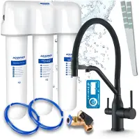 ARI Küchenarmatur Mit Wasserfilter Magneto, Zweigriffarmatur, Schwarz Matt, Messing, Keramikkartusche, 360 Grad Schwenkbar, Perlator, 2 Ausläufe