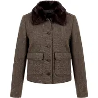 Zero Kurzblazer Übergangsjacke mit Kunstfellkragen / Fischgratmuster