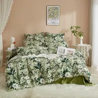 Sonstiges Bettwäsche 135x200cm Grün Weiß Blätter Blumen Muster 2-teilig Renforce Baumwolle mit Reißverschluss + Kissenbezug 80x80cm