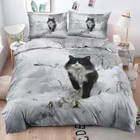 Sonstiges Bettwäsche-Set Norwegische Waldkatze 135x200 cm 4-teilig Schwarz Weiß Mikrofaser 3D-Druck mit Reißverschluss und 2 Kissenbezügen 80x80 cm