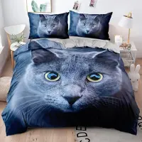 Sonstiges Bettwäsche 135x200 cm 2-teilig Mikrofaser Blau Weiß 3D Katze mit Reißverschluss