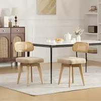 LVHOM 2er-Set Esszimmerstühle 360° Drehstuhl, Polsterstuhl in Rattan-Optik mit Chenille Kissen, stabiler Küchenstuhl mit Metallbeinen, Khaki