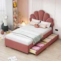 ALFORIGO Polsterbett 90 x 200 cm mit Samtbezug und 2 Schubladen – Kinderbett mit Blumenkopfteil und Lattenrost, Stauraumbett in der Farbausführung Rosa