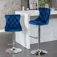 Kein Hersteller 2er Set drehbare Samt-Barhocker, höhenverstellbar, Chromfuß, gepolstert, blau.