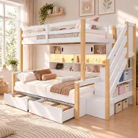 ALFORIGO Etagenbett 90 x 200 cm mit Stauraumtreppe, LED-Lichtleiste, USB Typ-C und Steckdose, Regalfächern, Schiebetüren, Weiß/Natur