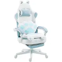 Dowinx Gaming-Stuhl ergonomisch, Fußstütze, Stoff, verstellbar, Katzenpfoten-Design Blau-Weiß