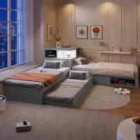 ALFORIGO L-förmiges Plattformbett 90 x 200 cm mit Ausziehbett, Schiebetür-Stauraum und LED-Nachtlicht, MDF & Kiefer, Grau