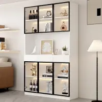 Kein Hersteller Vitrinenschrank, 200cm hoch, LED, Bücherregal, Schlafzimmer, Wohnzimmer, Büro, Glastür, schwarzer Türrahmen