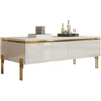 Moonbite Couchtisch Hochglanz 100 × 50 cm, Wohnzimmertisch mit 2 beidseitigen Schubladen und Gold-Zierleisten, leicht zu reinigen, Spanplatte, Weiß