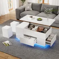Novavision 100*50*45cm Sofatisch mit LED, kaffeetisch mit 2 Schubladen,Hochglanztisch mit Sofa und 2 Hockern,Beistelltisch mit verstecktem Stauraum, bis 50kg