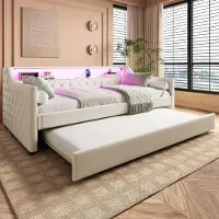 ALFORIGO Tagesbett 90x200 cm, Leinen/MDF, mit Ausziehbett, Sofabett mit integriertem USB-Ladeanschluss, Bettsofa mit integrierter Lattenauflage, Beige