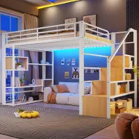 ALFORIGO Hochbett 140 x 200 cm mit LED-Lichtleiste, Ablagefächern, integrierten Stufen, Schutzgeländer und Leiter, Metallrahmen mit MDF