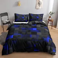 HOSIMA Bettwäsche-Set 3D-Würfelmuster 200x200 cm Schwarz-Blau 1 Bettbezug 2 Kissenbezüge Mikrofaser Reißverschluss