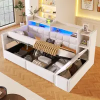 ALFORIGO Schlafsofa 90 × 200 cm mit hydraulischem Stauraum, USB & Typ-C, Ablagefach, Stauraumbank, mehrfarbiger LED-Beleuchtung, Samt, Weiß