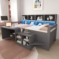 ALFORIGO Multifunktionsbett 90 x 200 cm mit Schreibtisch, Stauraum, LED, 2 USB-Anschlüssen und Steckdose, 15 Latten, Kiefernholz, Weiß/Grau