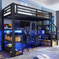 ALFORIGO Hochbett 90 x 200 cm mit Schreibtisch, LED per App, USB-Anschluss, Stauraumtreppe und Sicherheitsgeländer, Metall & MDF, Schwarz
