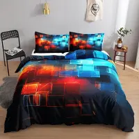 HOSIMA Bettwäsche-Set Geometrie Abstrakt 200x200 cm Schwarz Rot Blau 1 Bettbezug 2 Kissenbezüge Mikrofaser Reißverschluss