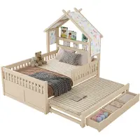 Novavision Holzplattformbett, hausförmig, 140 x 200 cm, mit Ausziehbett, 3 Schubladen und Sicherheitsgittern, Cream