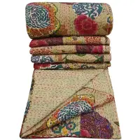 Merkloos Beige Kantha-Decke mit Blumenmuster, 100% Baumwolle