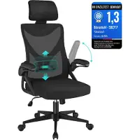 Yaheetech Bürostuhl Ergonomisch, Schreibtischstuhl mit Hochklappbaren Armlehnen, Drehstuhl mit Rückenlehne und Verstellbarer Kopfstütze, bis 136 kg Belastbar Schwarz