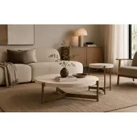 AEA Couchtisch Set Beige Holz Edelstahl Modern Rund Einfarbig Wohnzimmertisch