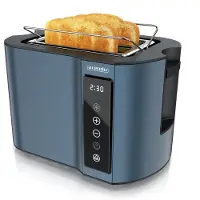 Arendo Kurzschlitz-Toaster 800 W für 2 Scheiben, Toastautomat mit Touchpanel, Display mit Restzeitanzeige, 7 Bräunungsgrade, Memory-Funktion, Brötchenaufsatz, Edelstahl, blau
