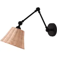 Alpinaluz Wandleuchte mit Schwenkarm, schwarze Metallstruktur und Konischer Lampenschirm aus natürlichem Rattan, handgewebt, rustikal, E27