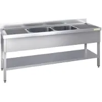 GOLDINOX Edelstahl-Spüle, 1800 x 700 mm, mit 2 Becken in der Mitte und Abtropfbecken links und rechts, –
