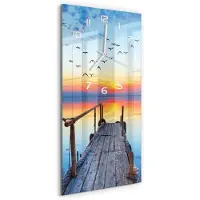 Tulup Wanduhr aus Glas – 30x60 cm - Glasbild - Glasuhr - Gehärtetes Glas -Hölzerner Pier