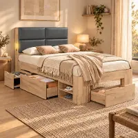 MODFU Jugendbett 90x200 Holzbett Stauraumbett mit Schubladen und Nachtlicht, Funktionsbett mit USB- und USB-C-Anschlüssen,Polsterbett mit Kopfteil, ohne Matratze,Natur
