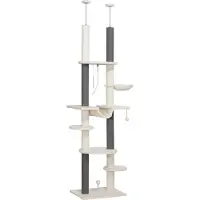 Moonbite Kratzbaum deckenhoch, höhenverstellbar 225-255 cm, Katzenbaum mit Hängematten, Korb, Spielbällen, Kippschutz und Sisalstämmen, Polyester, Weiß